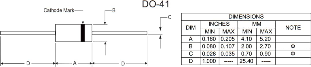 Mechanical Drawing - Micro Commercial Components (MCC) 1N4736AP to 1N4764AP Silicon Zener Diodes Mechanical Drawing - Micro Commercial Components (MCC) 1N4736AP to 1N4764AP Silicon Zener Diodes