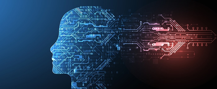 Artificial intelligence (AI) and big data concept. Machine cyber mind. Humen face with binary data flow. Technology vector background.