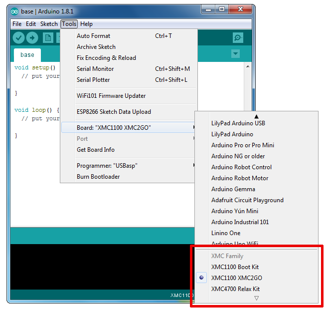 If the XMC library is installed correctly, there should be an option for the XMC4700 under Tools > Boards > XMC Family.